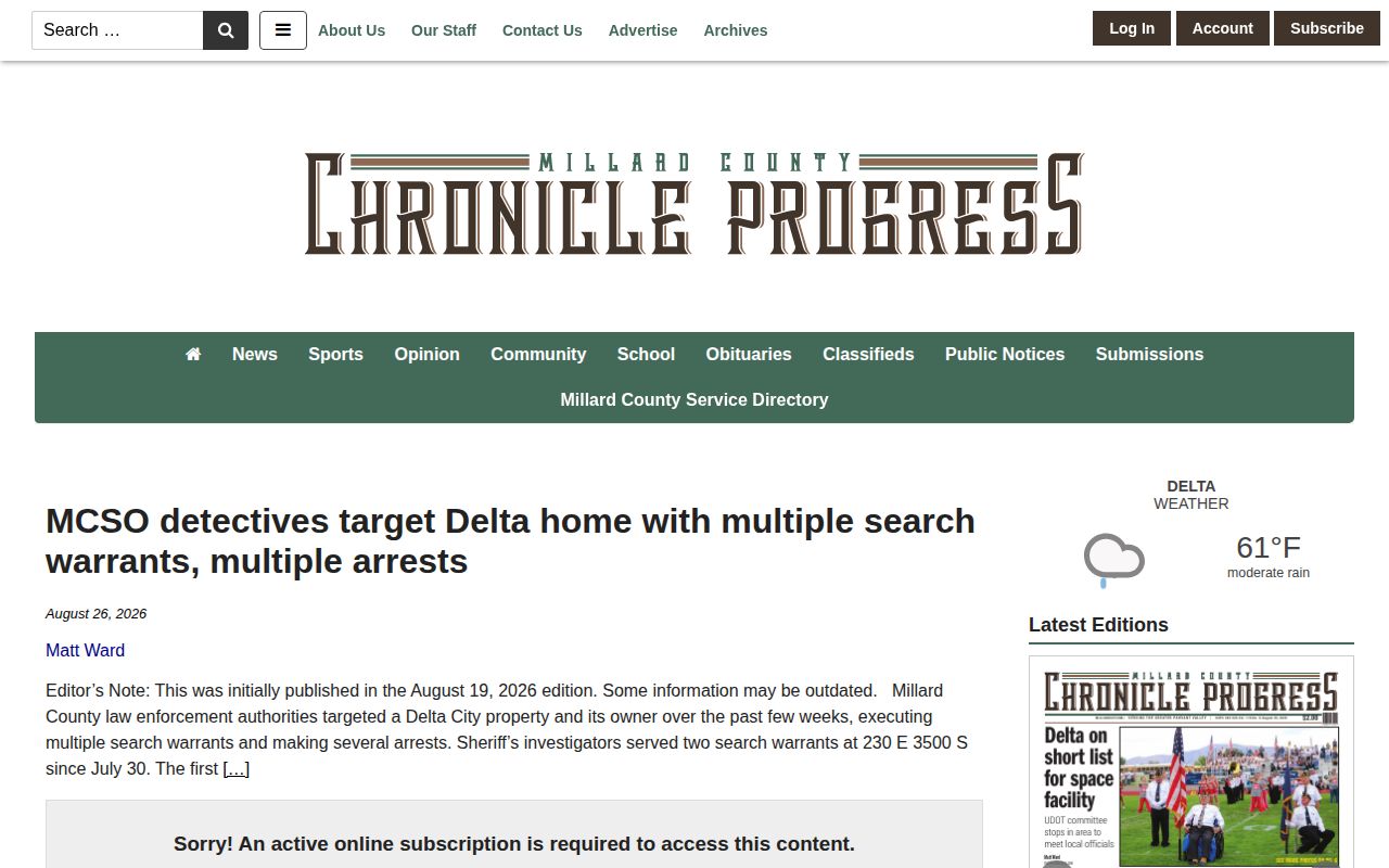 Millard County arrest-news example from a Chronicle Progress narrative report