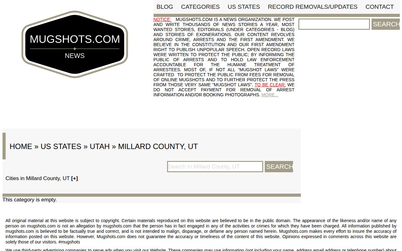 Millard County mugshot record search on an unofficial secondary landing page