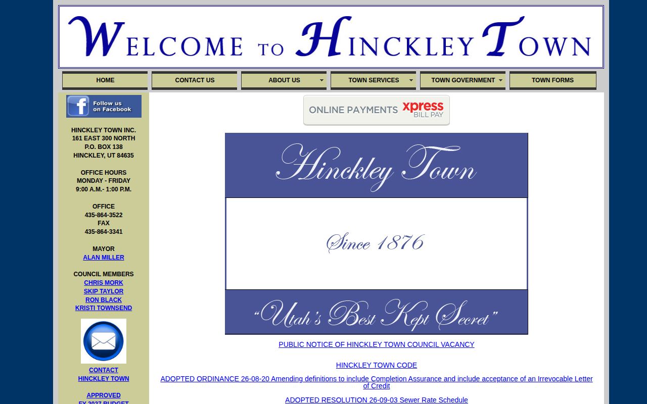Hinckley town contact source for Millard County booking record context