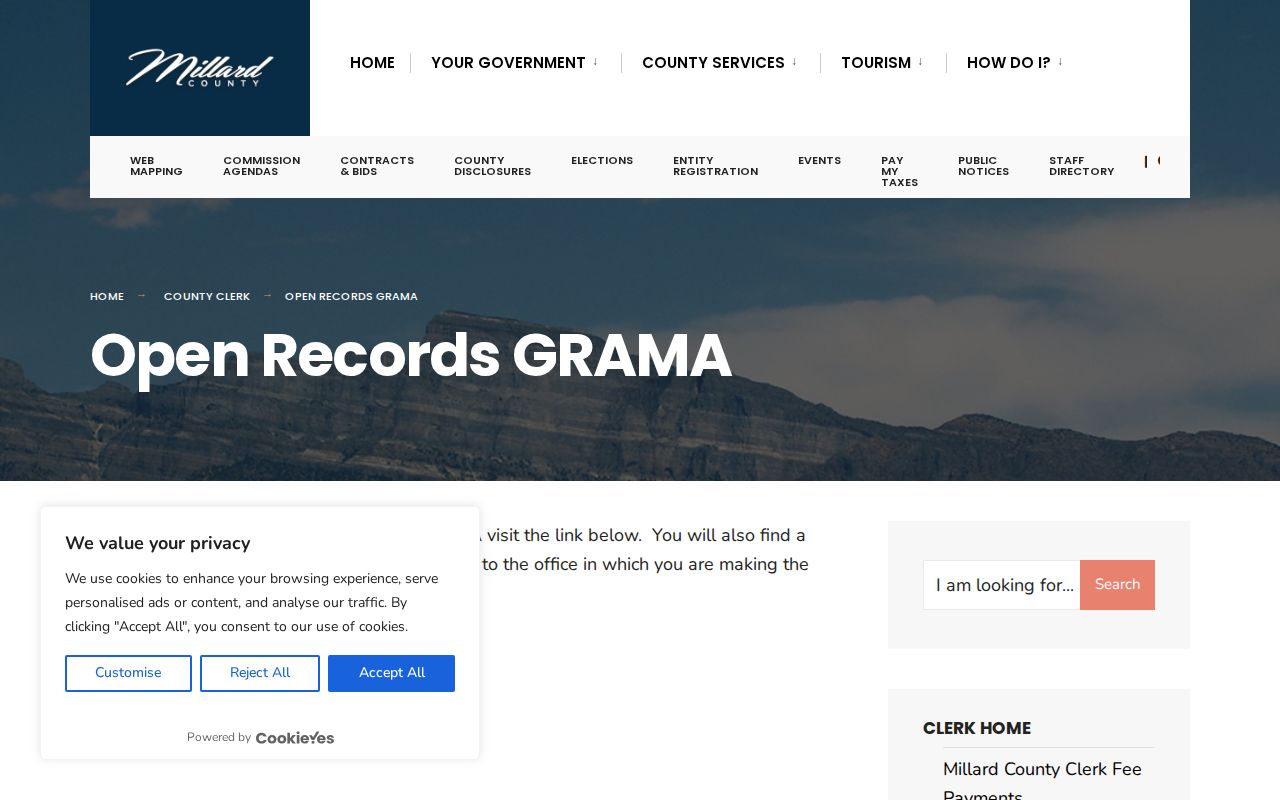 Millard County booking record request route on the county GRAMA page