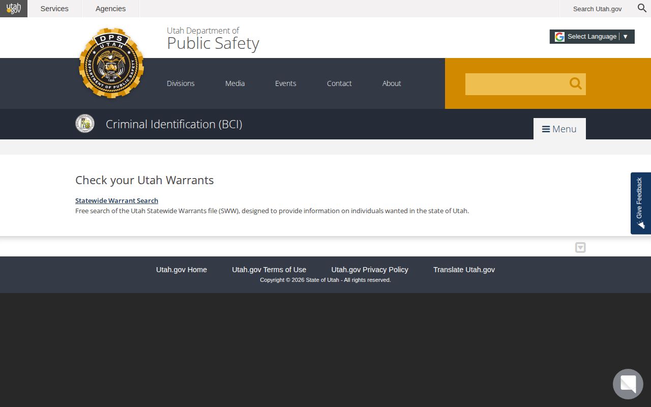 Millard County warrant-record check through Utah's official BCI search page